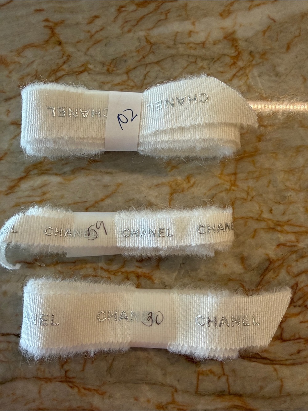 CHANEL White Grosgrain Ribbon with Silver Logo Accent set of (3)